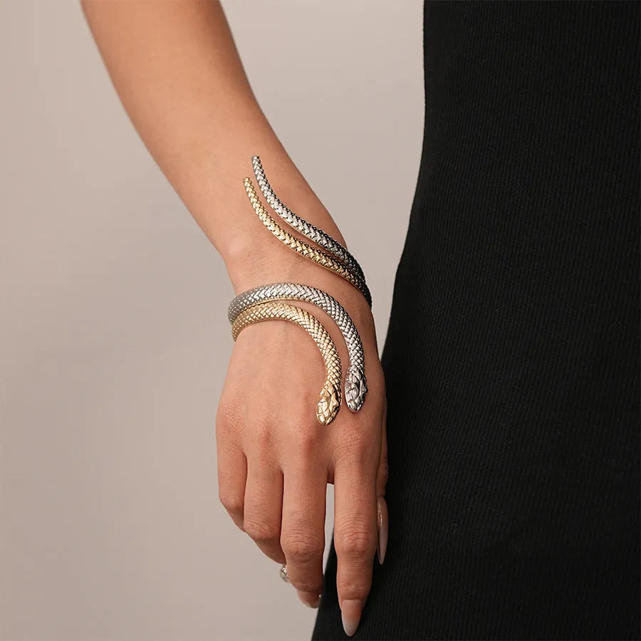 Gold twisted winding snakes design opening ring bracelet 2-piece jewellery set