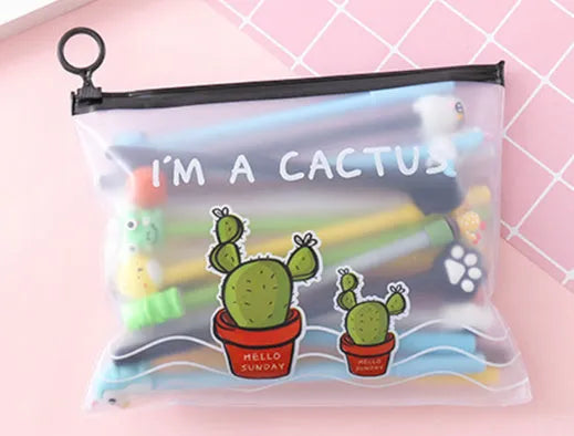 20 cartoon cactus design black gel pens inside a white plastic storage case.