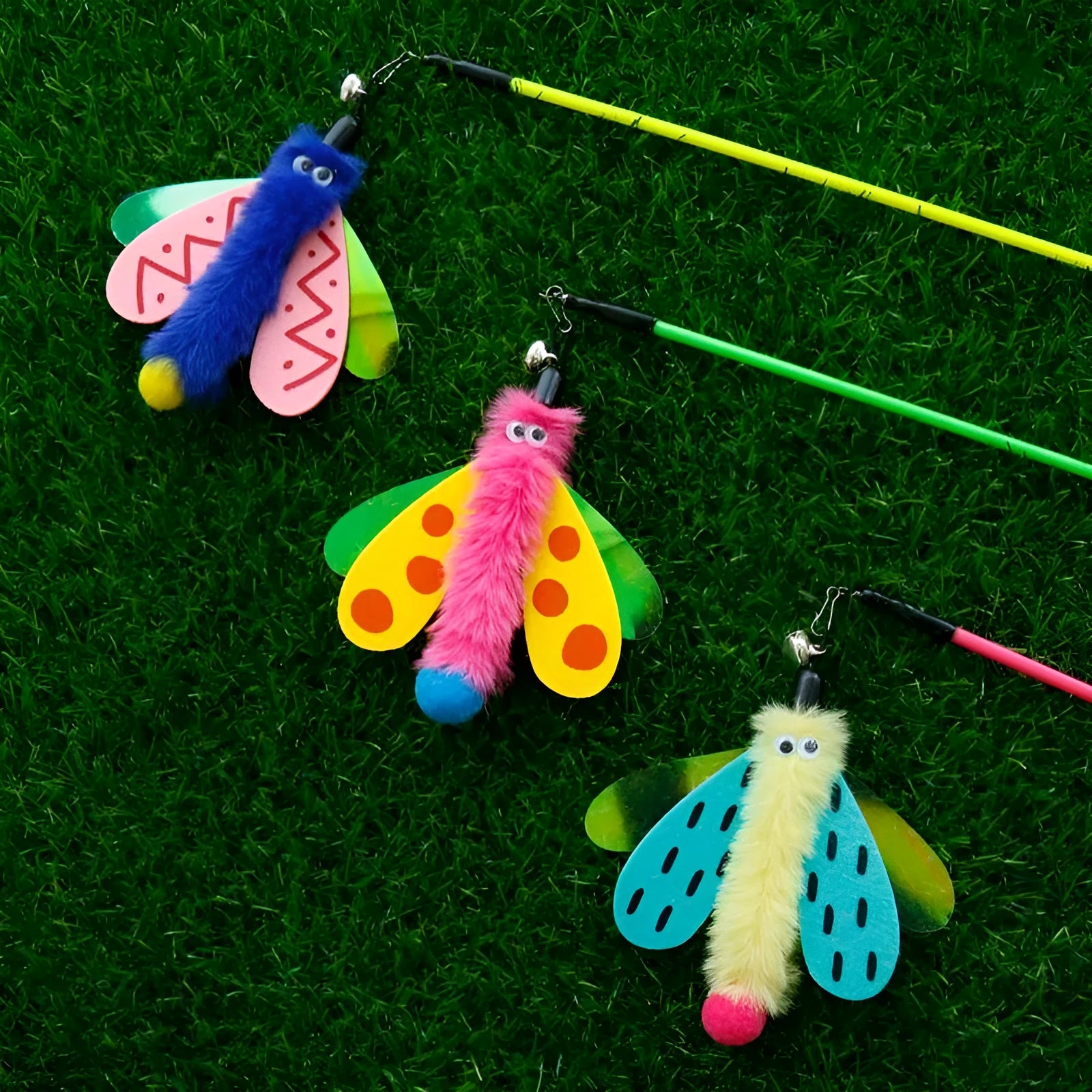 49cm cat wand toy with dragonfly bell attachment in colourful feathers for indoor cat play