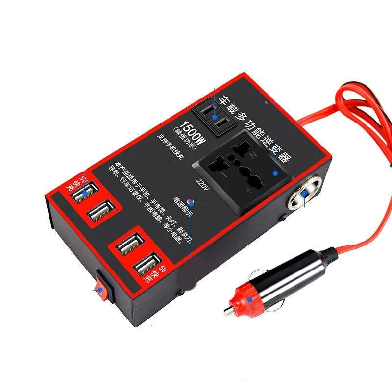 Black car power converter with 220V socket and 4 USB ports for 12V 24V vehicle systems