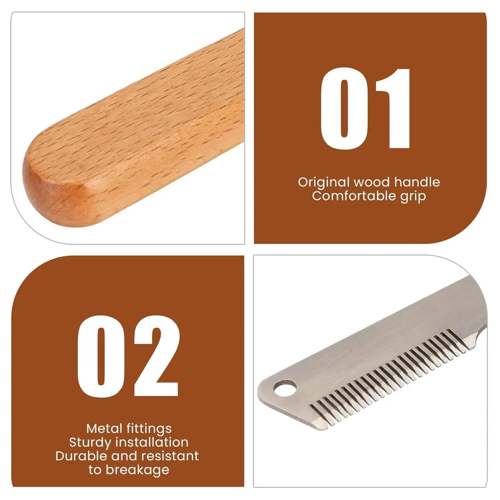 Pet stripping comb with wood handle and metal blade for dog and cat grooming.