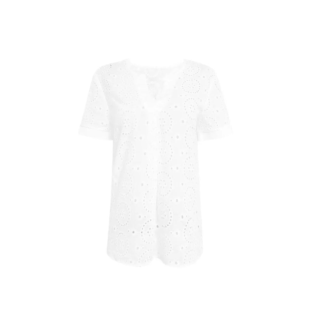 White women's t-shirt with hollow out design, V-neck collar, and loose Japanese Korean casual fit