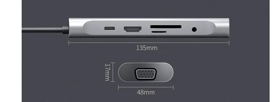 Grey aluminium USB-C docking station with HDMI, VGA, USB 3.0, and PD charging ports