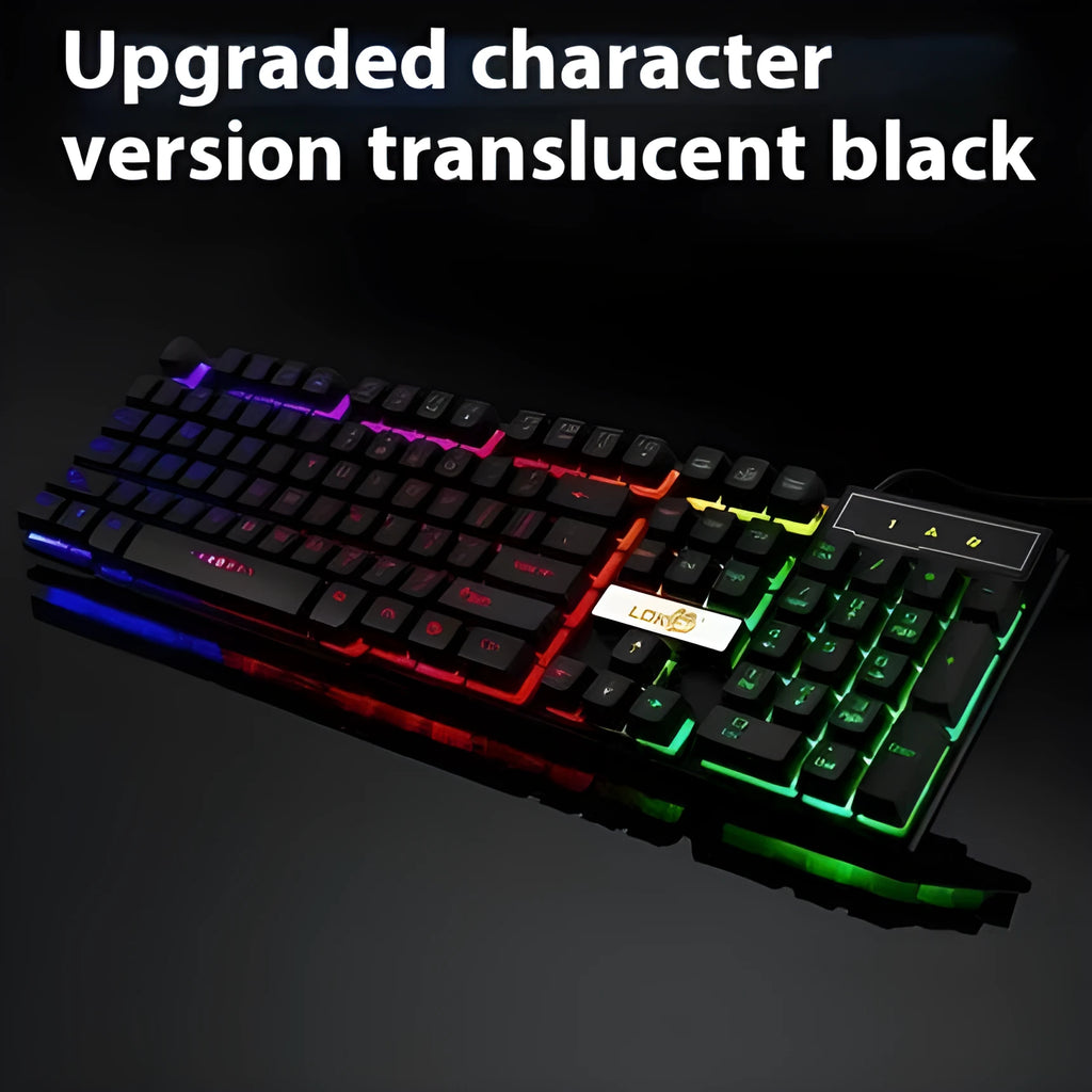 White or black gaming keyboard with glowing LED backlight and USB cable on a desk