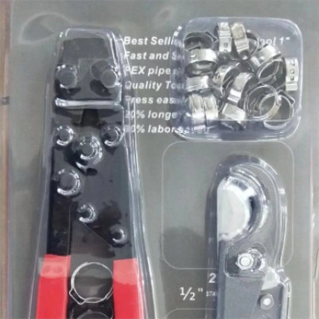 Red cloth finished single ear metal pipe clamp with a carbon steel cutting tool on a white background.