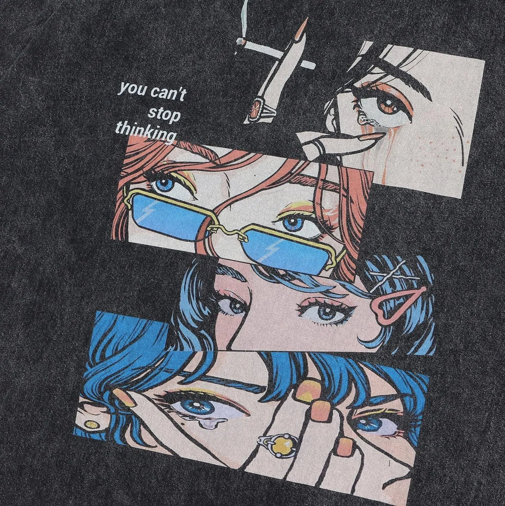 Men's washed black cotton T-shirt with cartoon print and street hip hop retro style