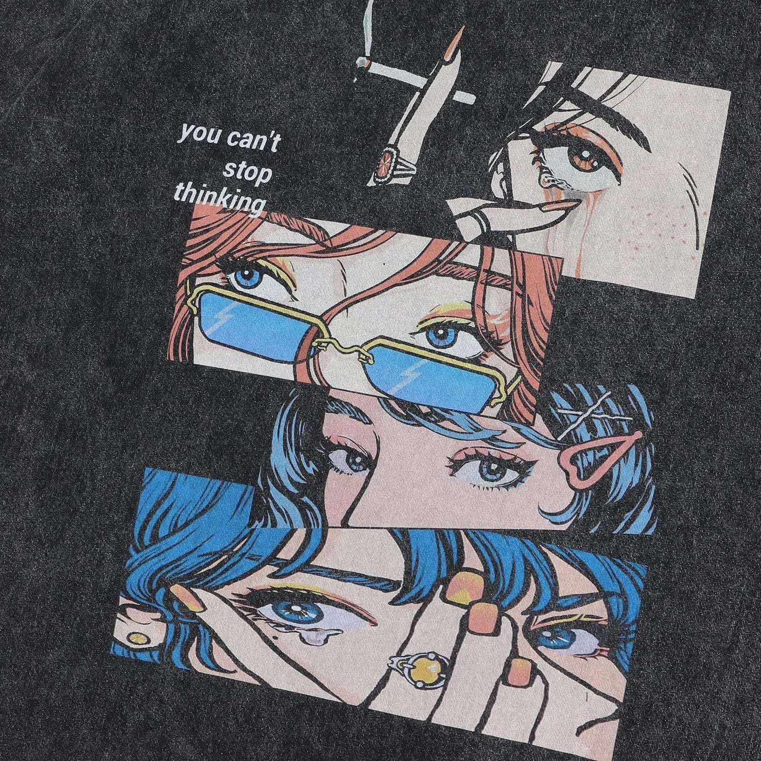Men's washed black cotton T-shirt with cartoon print and street hip hop retro style
