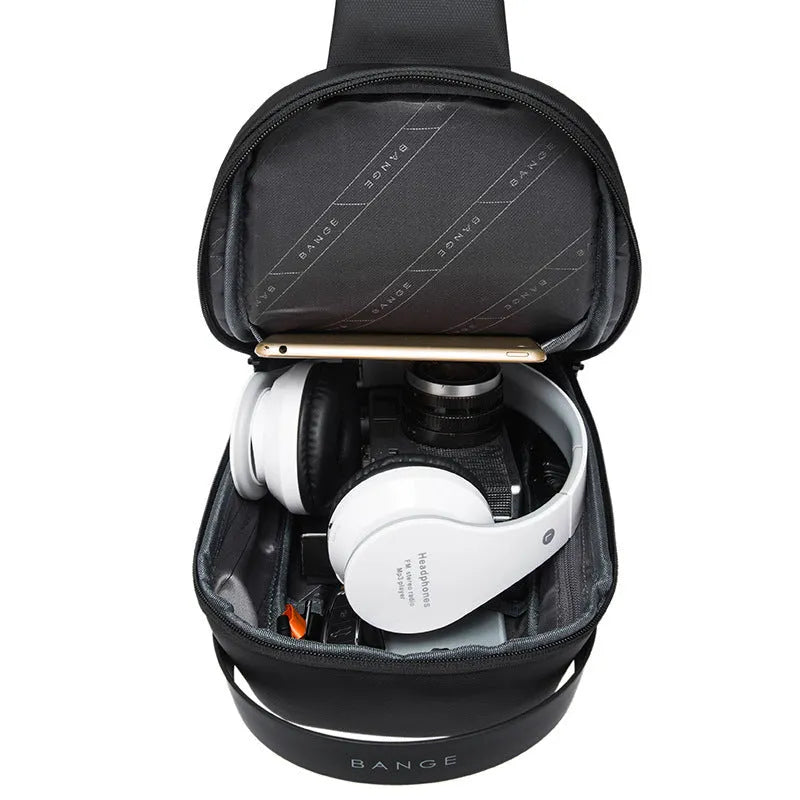Men's oxford cloth shoulder bag with USB charging port in black colour option