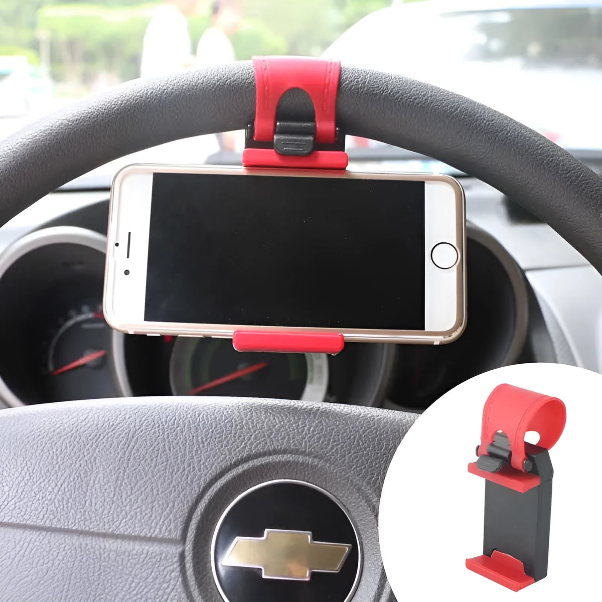 Black universal steering wheel phone holder clip for smartphones showing silicone pad