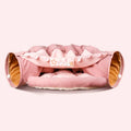 Collapsible cloth cat tunnel in Bar, Coffee, Matcha, or Pink colour, showing its 45cm diameter size.