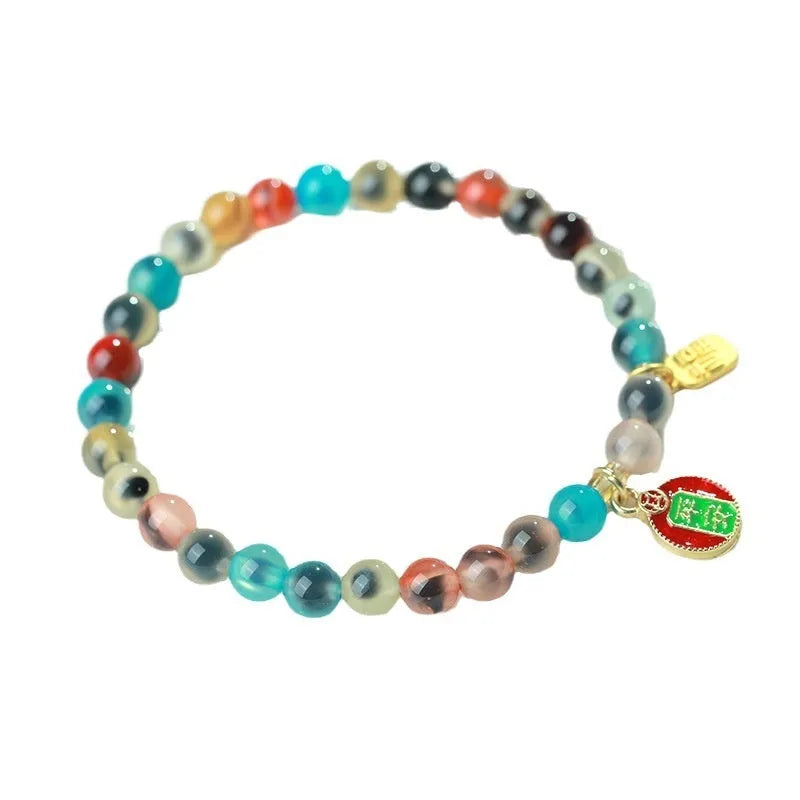 Women's natural agate bracelet with colourful sugar heart glaze and copper coin snake design in geometric style