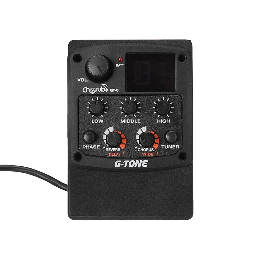 Cherub GT-6 black acoustic guitar soundhole pickup unit with control knobs for EQ and effects.