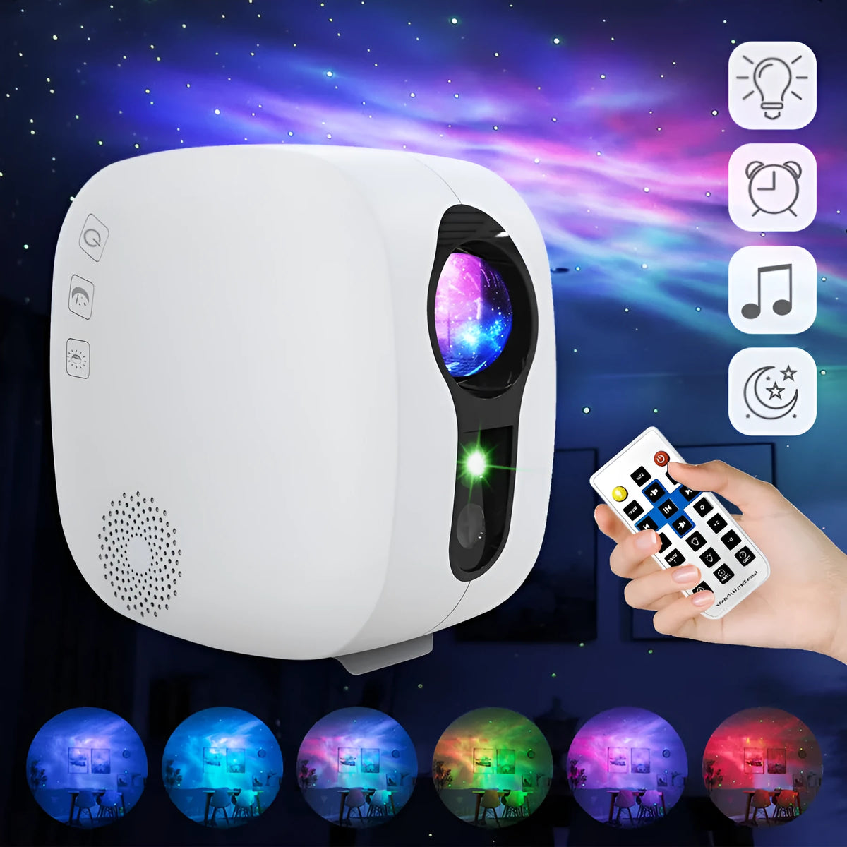 Laser starry sky projection lamp projecting colourful nebula patterns on wall with Bluetooth music capability