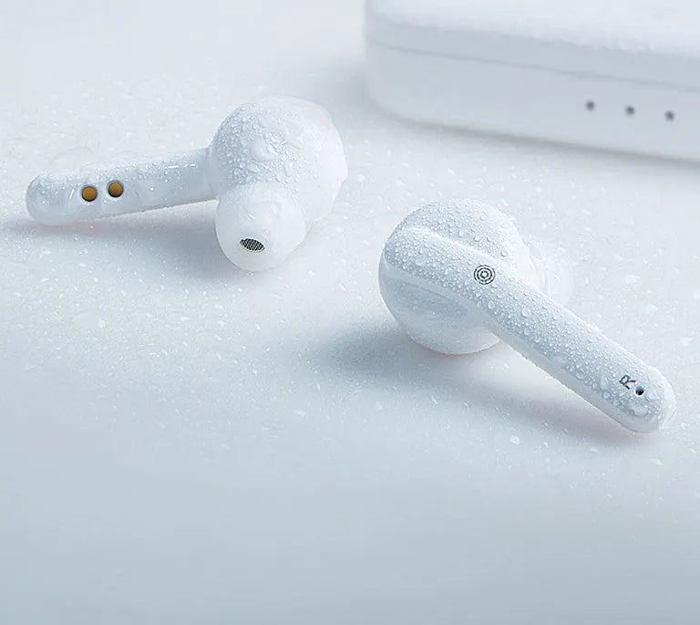 Black and white true wireless stereo earbuds with Bluetooth 5.0 and IPX5 waterproof rating