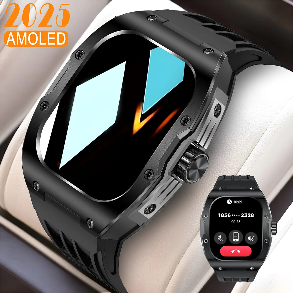 Black smart watch for men with fitness tracker on a wrist showing AMOLED display.