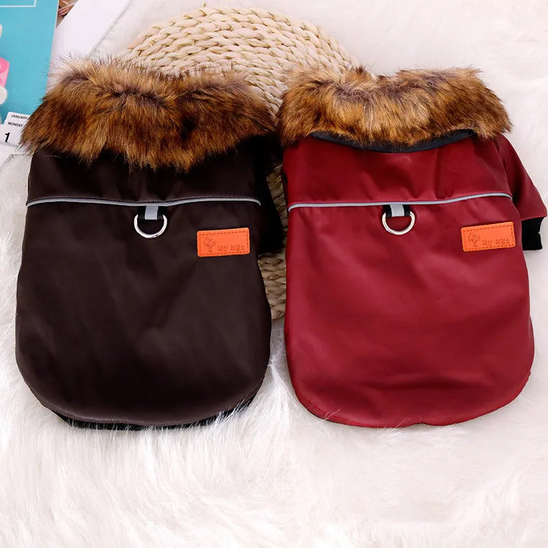 Reflective warm pet fur coat with fur collar in brown or red PU leather, sizes S to XXL
