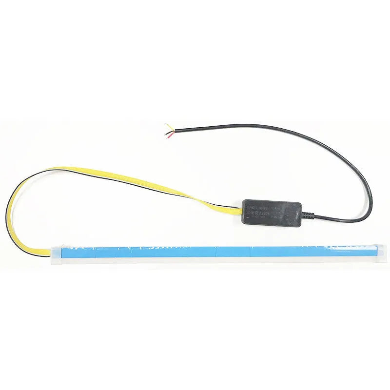Flexible silicone car LED light strip showing daytime running light and flowing turn signal function in blue to yellow.