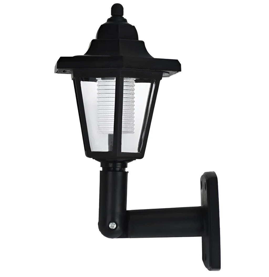 Black hexagonal solar-powered outdoor wall lamp with integrated solar panel
