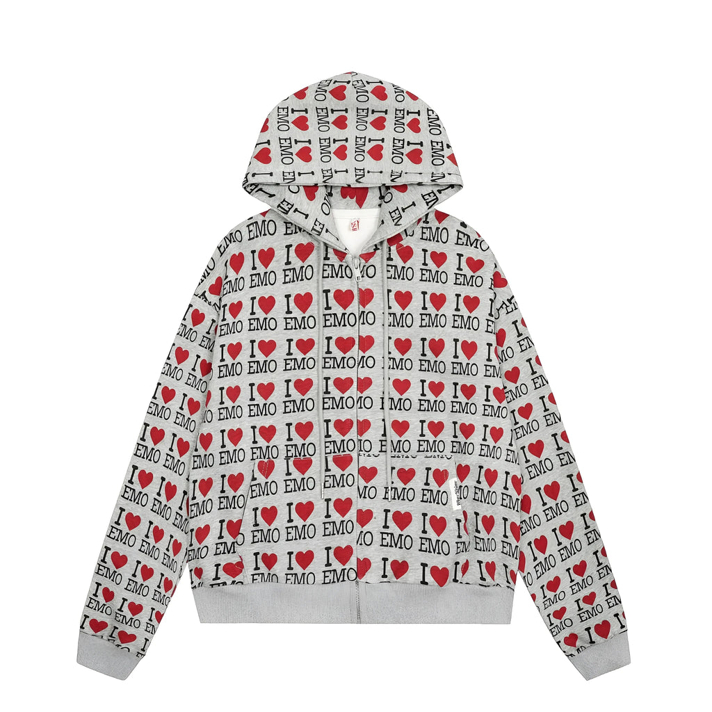Women's melange grey cotton hooded cardigan with retro autumn pattern showing long sleeves and street fashion styling