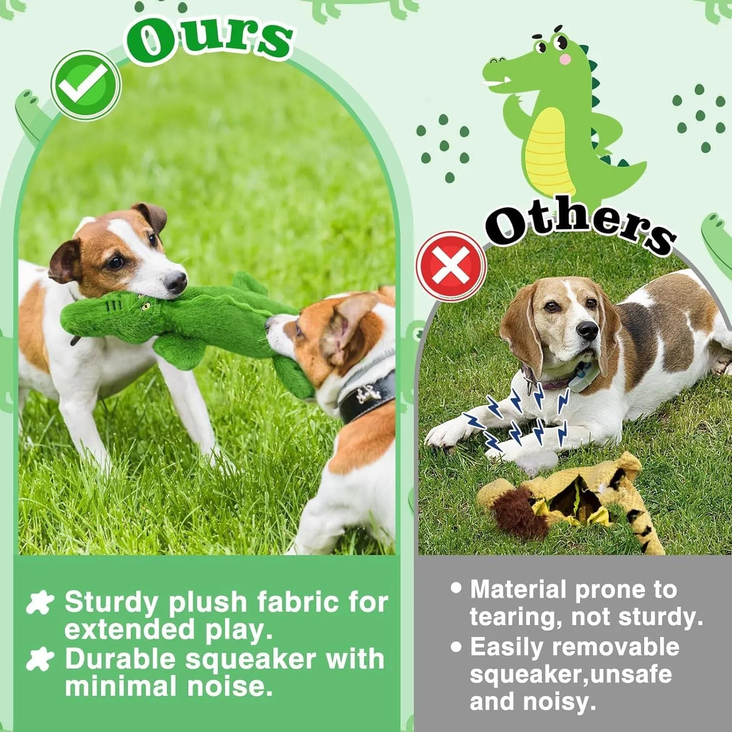 Green crocodile-shaped plush dog chew toy with no stuffing for aggressive chewers