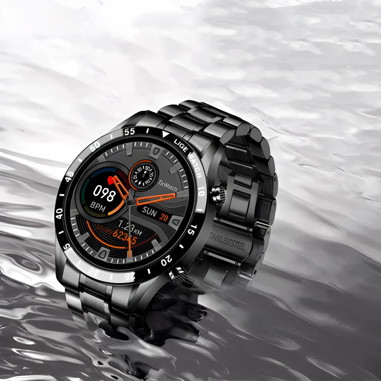 Stainless steel smart watch with a black band and a 1.3-inch touch screen display.