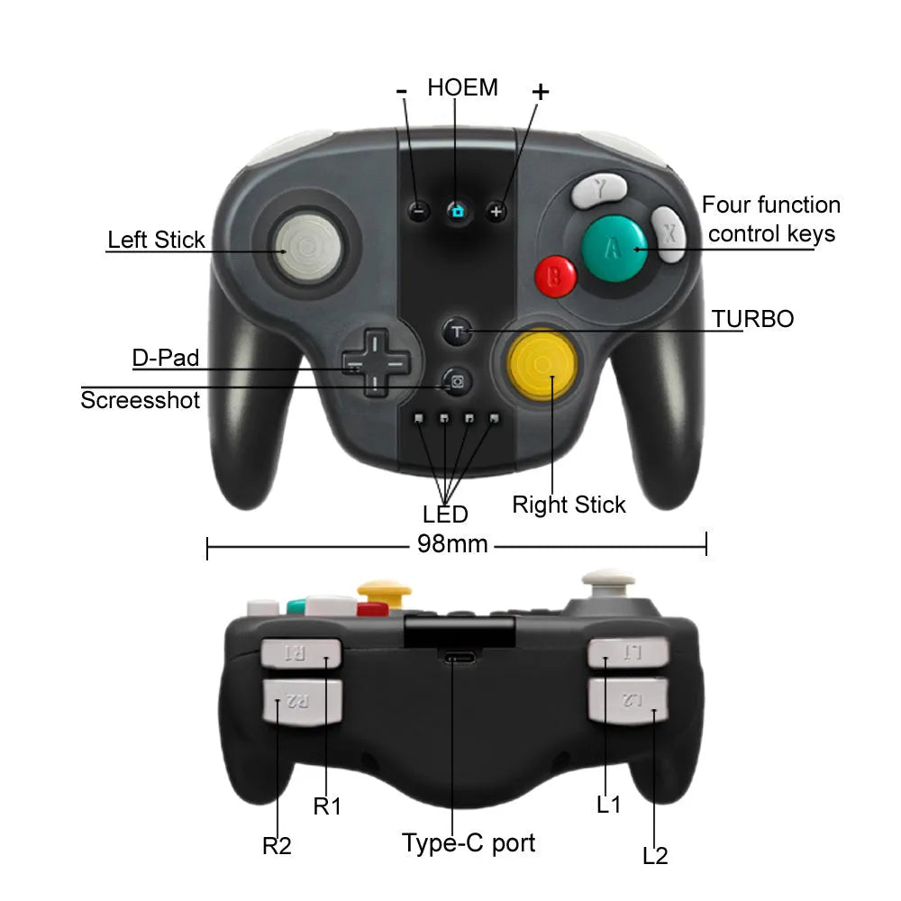 Black wireless gamepad with colourful packaging showing Switch and Windows compatibility, NFC function, and Bluetooth connectivity