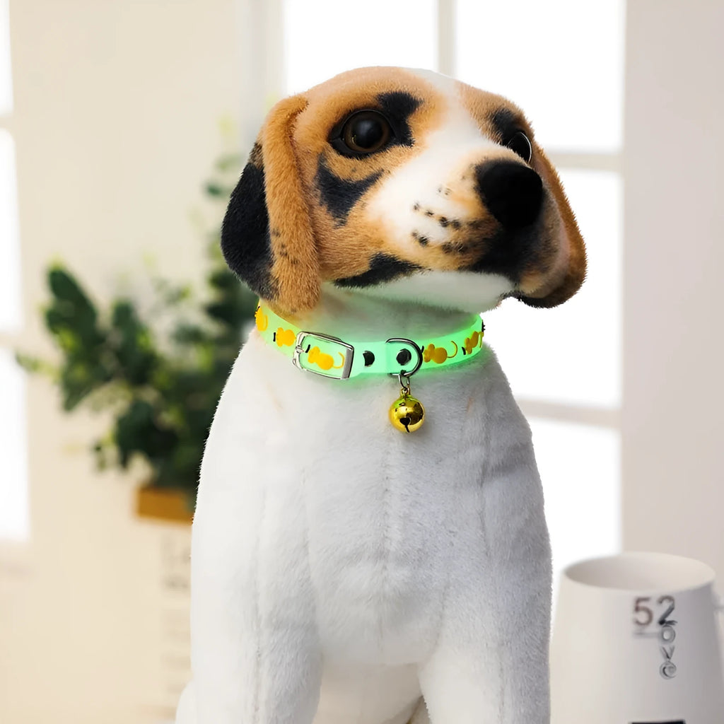 Luminous silicone cat collar 1.2cm x 29cm with cartoon designs, glowing in the dark