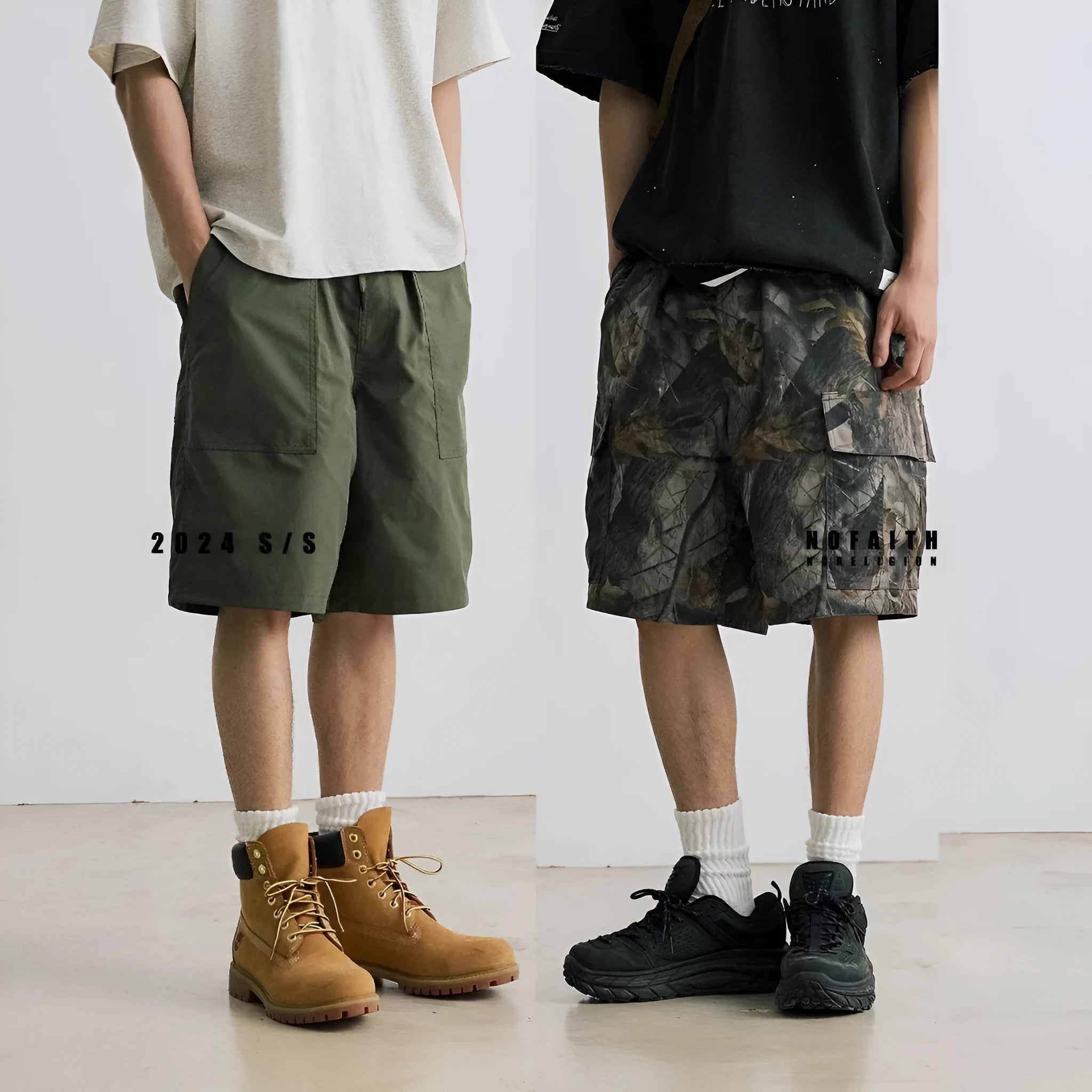 Loose casual denim shorts in straight-leg style with micro-elastic waistband