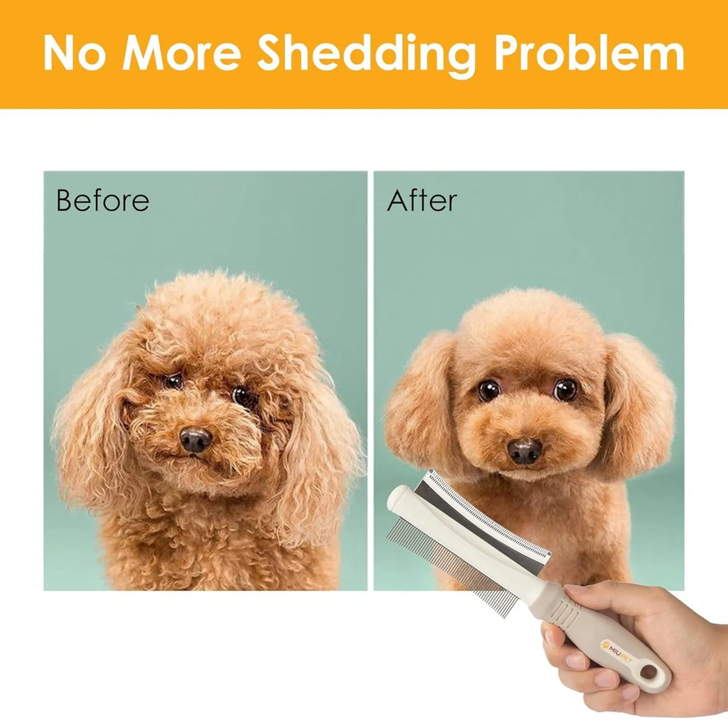 White double-sided dog and cat grooming brush with comb and deshedding blade, showing comfort-grip handle.