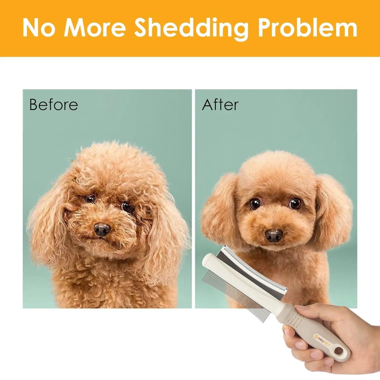 White double-sided dog and cat grooming brush with comb and deshedding blade, showing comfort-grip handle.