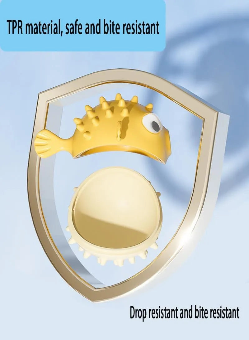 Green fish-shaped interactive dog chew toy with textured surface and internal bell.