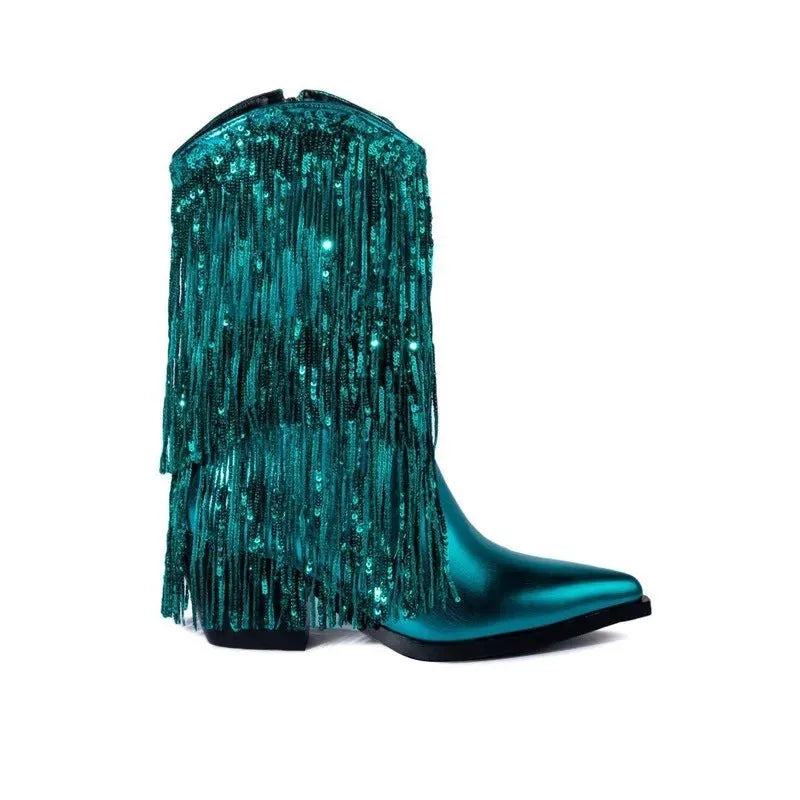 Women's black chunky heel tassel boots with a pointed toe and high stiletto heel.