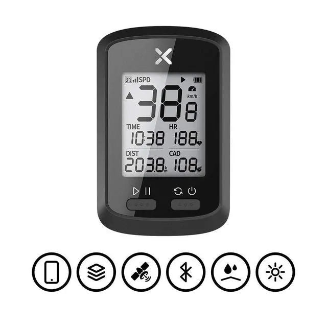 Black plastic waterproof bicycle stopwatch mounted on handlebars with digital display showing timing