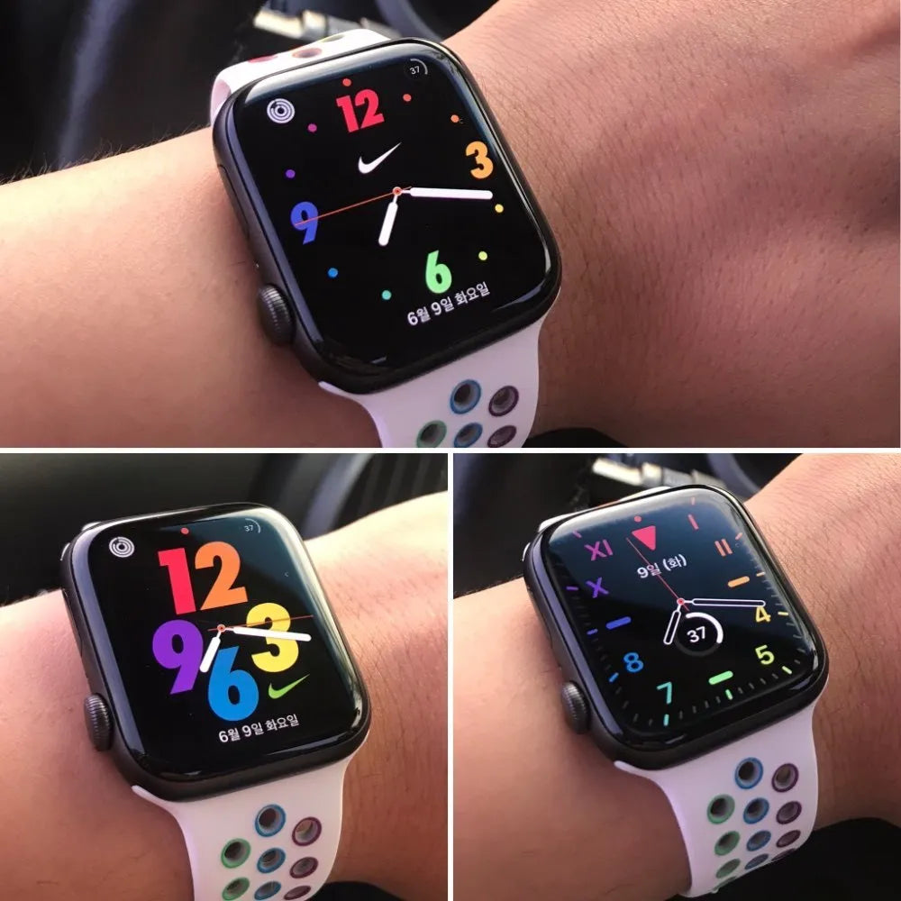 Unisex liquid silicone sports wristband strap in black rainbow or white for 38mm 40mm 42mm 44mm watches