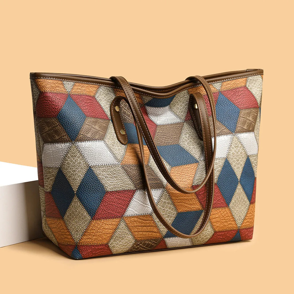 Blue brown women's PVC shoulder handbag with large capacity and outer pockets.
