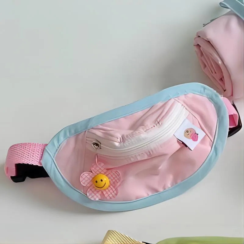 Powder blue, yellow, and green backpack-style poop bag holder for dogs and cats in S and M sizes.