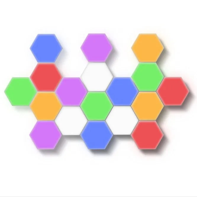 Helios modular honeycomb touch-sensitive wall lamp panels assembled in a geometric pattern on a wall.