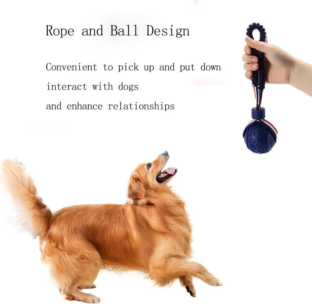 Blue dog toy with a textured rubber ball attached to a rope for tug-of-war and chewing