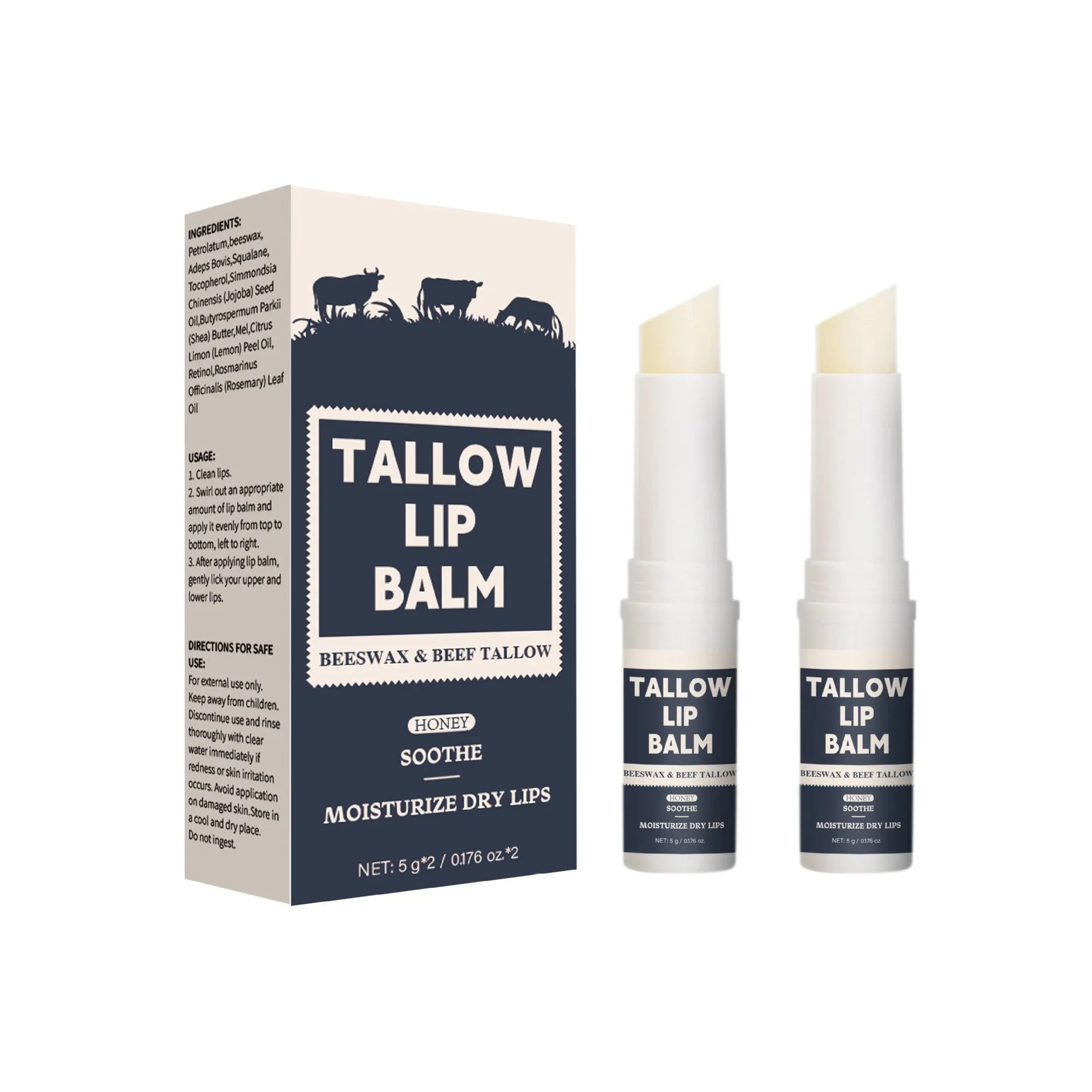 Two lip balm tubes from a beef fat formula set for universal skin types.