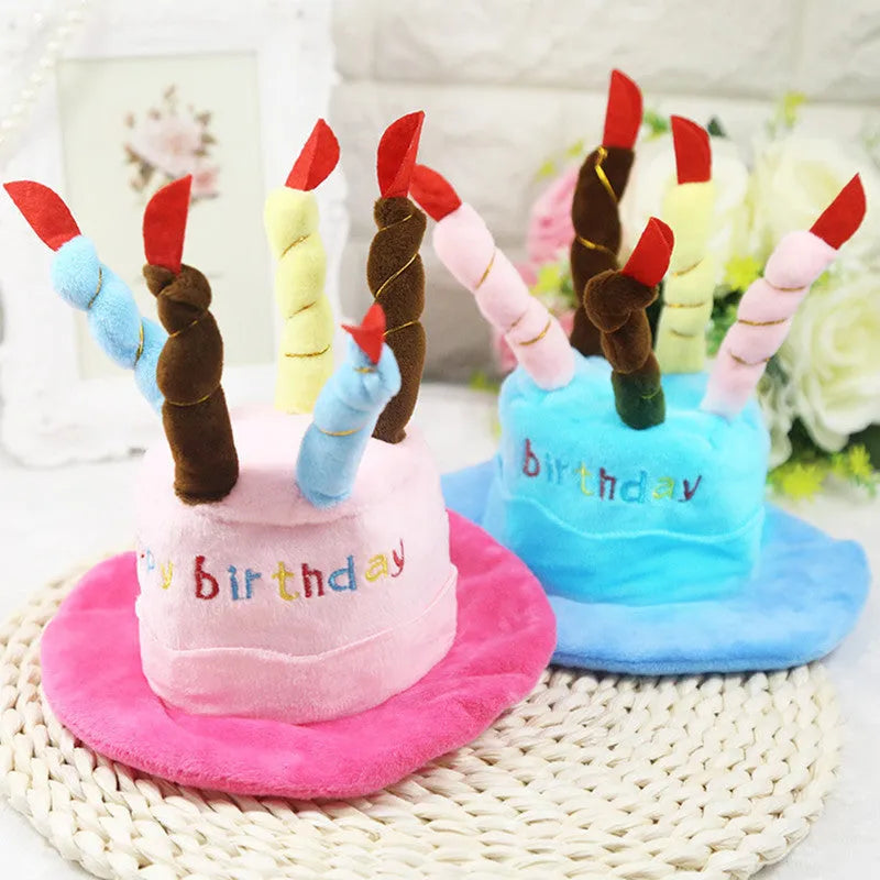 Blue and pink dog birthday hat for toy dogs measuring 21cm wide