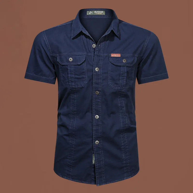 Men's army green cotton short sleeve work shirt with a cardigan style and loose fit.