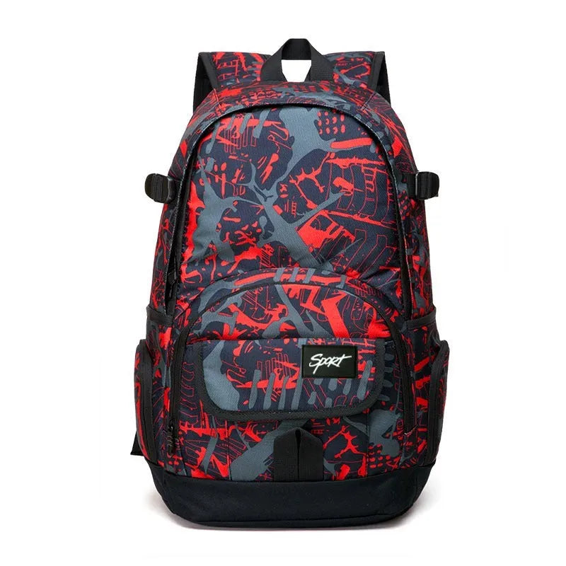 Blue classic nylon backpack with multiple compartments shown on a white background.