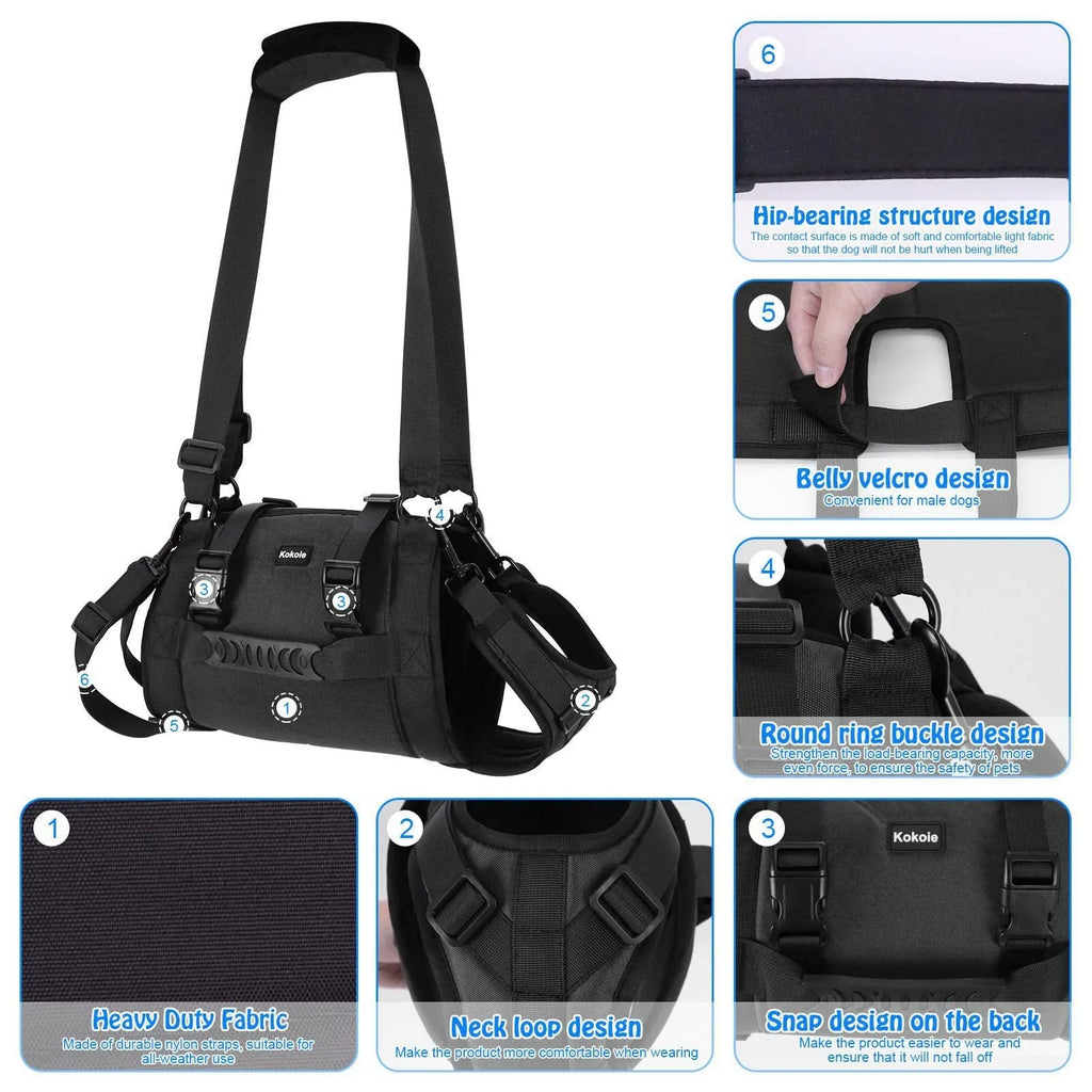Black Oxford cloth dog harness with breast strap and leg support features