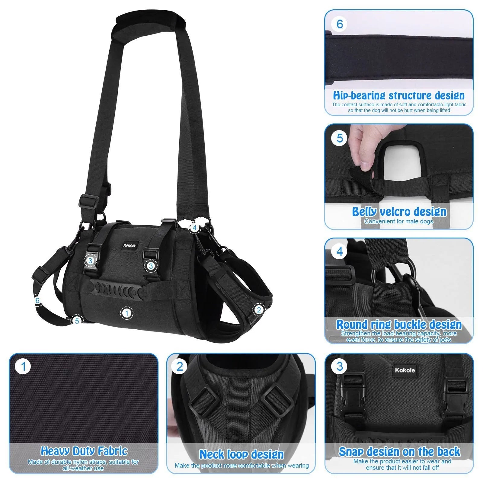 Black Oxford cloth dog harness with breast strap and leg support features
