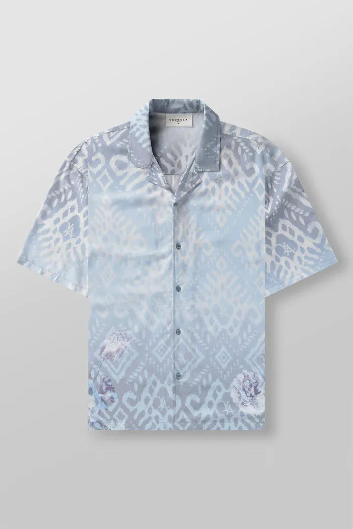 Men's loose fit printed short sleeve top in cardigan style with floral pattern
