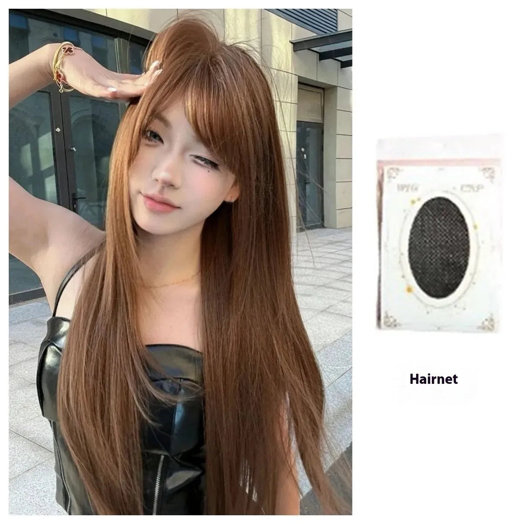 Warm brown long straight synthetic wig with full bangs, 30cm length.