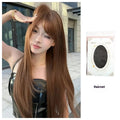 Warm brown long straight synthetic wig with full bangs, 30cm length.