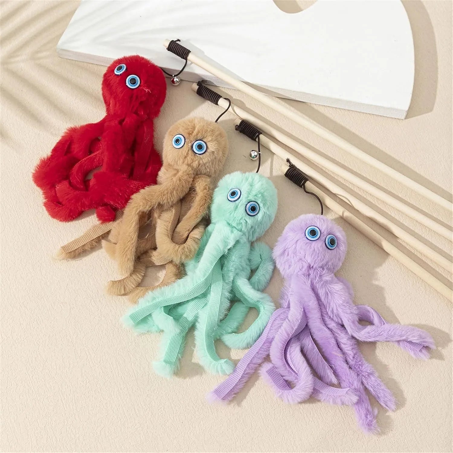 Octopus design cat toy with long stick in bright colours for indoor kitten play