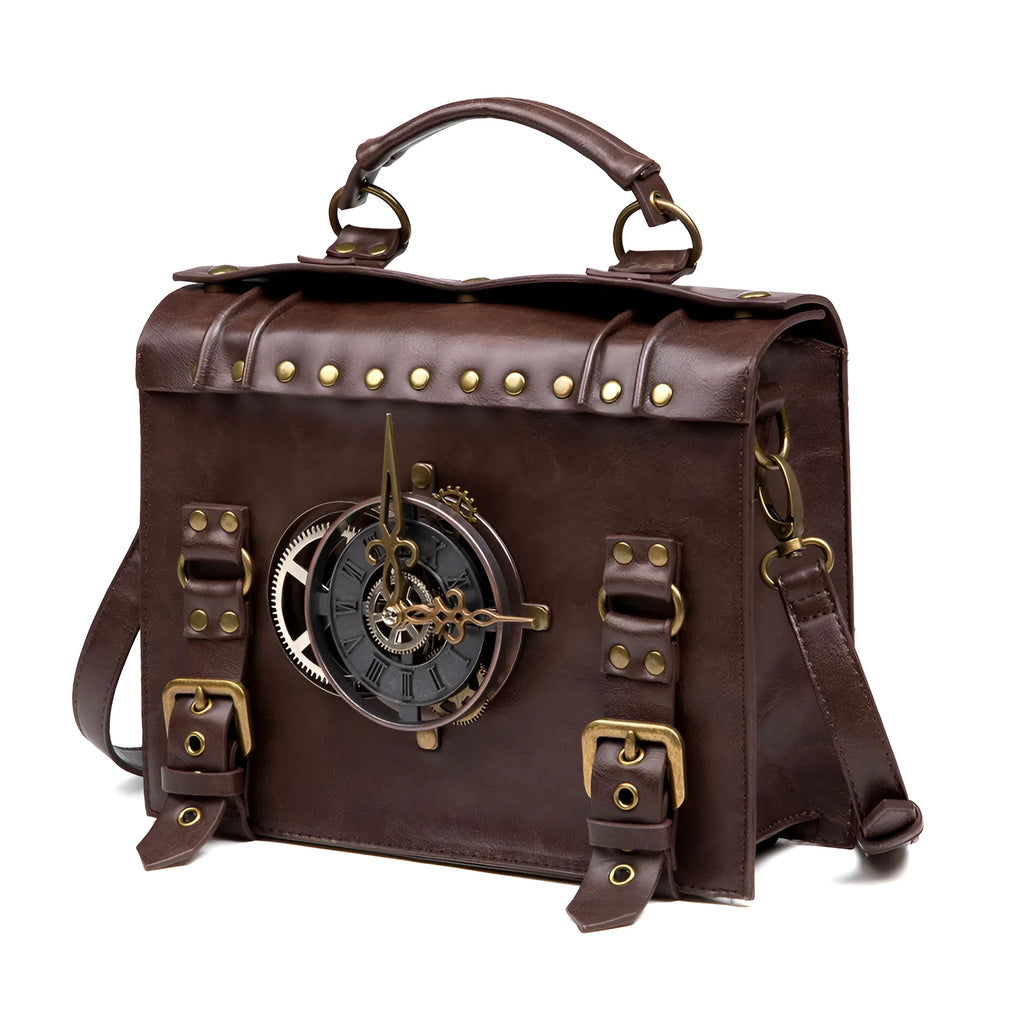 Bronze steampunk industrial retro shoulder bag with pillow shape and metal hardware