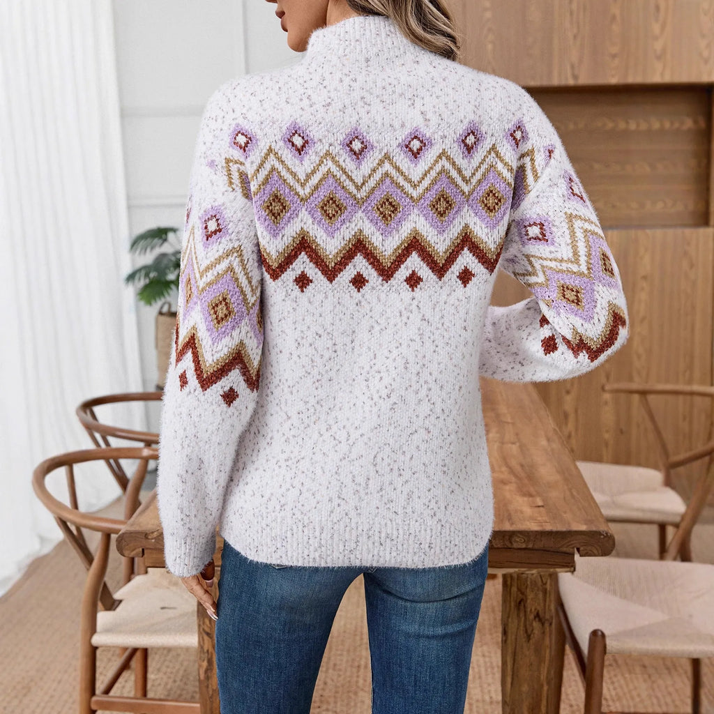 White geometric pattern half turtleneck sweater with jacquard detailing and long sleeves
